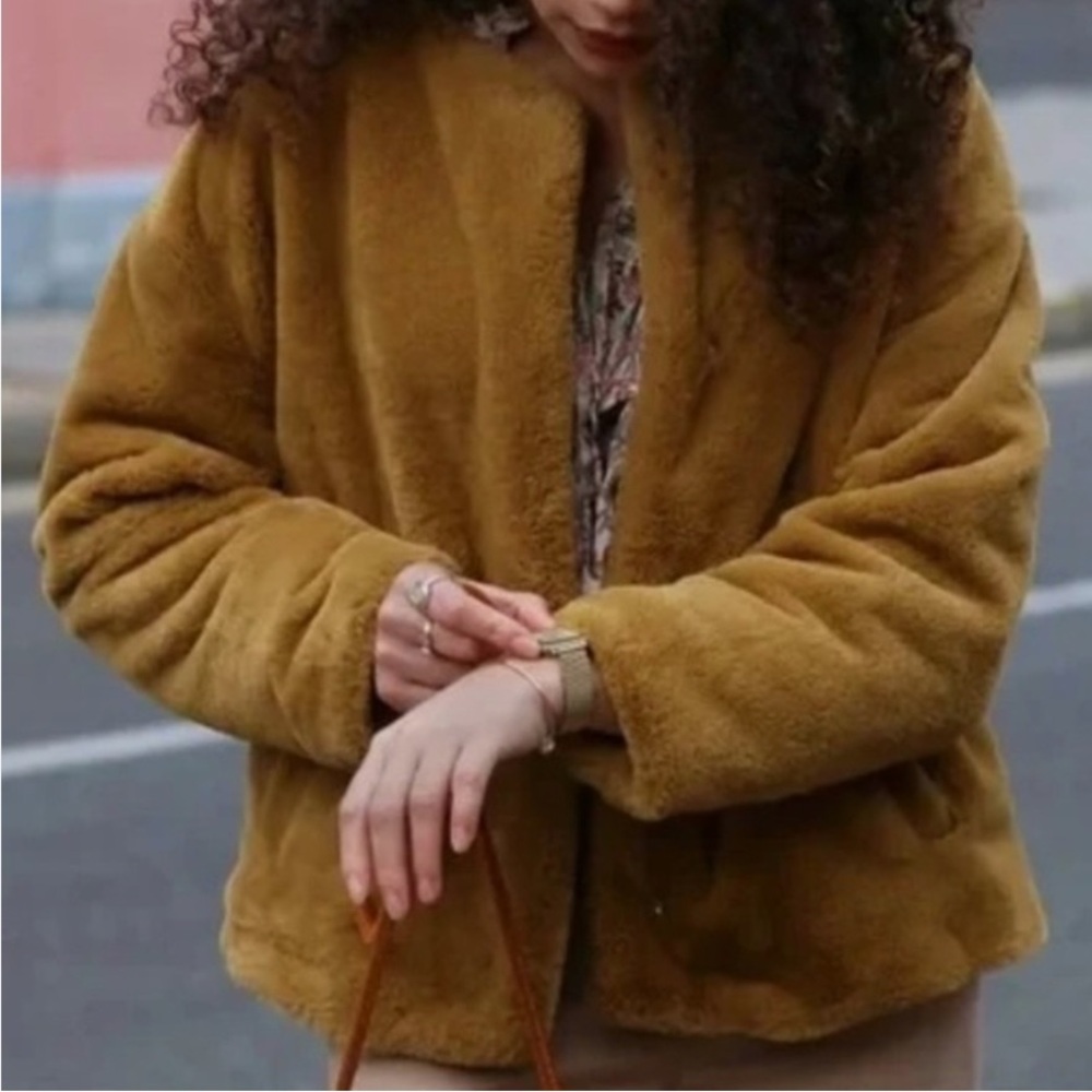 Zara TRF Outerwear Collarless Button Up Faux Fur Mustard Jacket XS